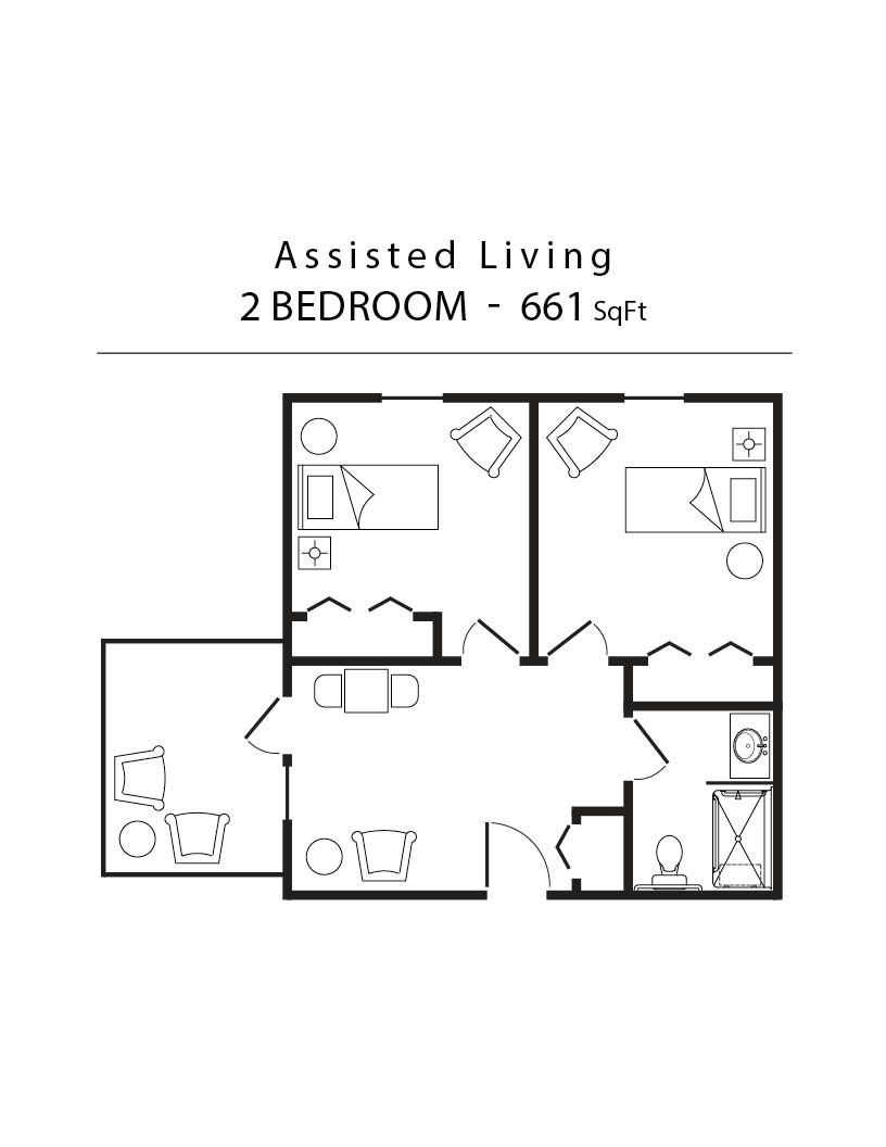 Floor plan for a two-bedroom assisted living unit, 661 sq ft. Includes bedrooms, living area, and bathroom.