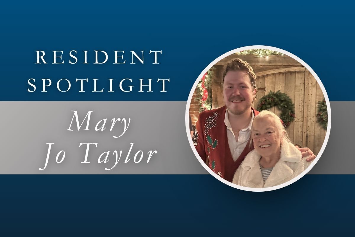 Resident Spotlight graphic for Mary Jo Taylor with a circular photo of two smiling people on a blue background
