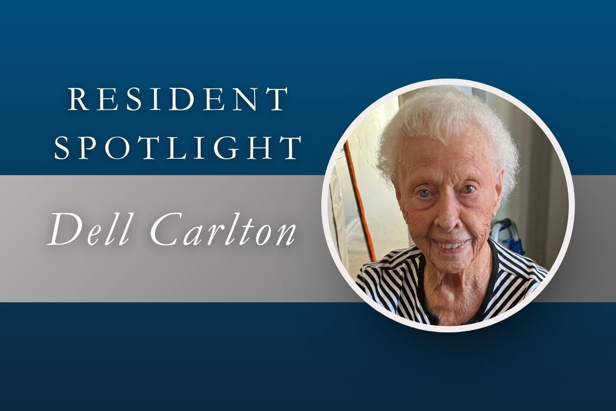 Resident spotlight featuring Dell Carlton in a round photo. Blue and white banner with text.