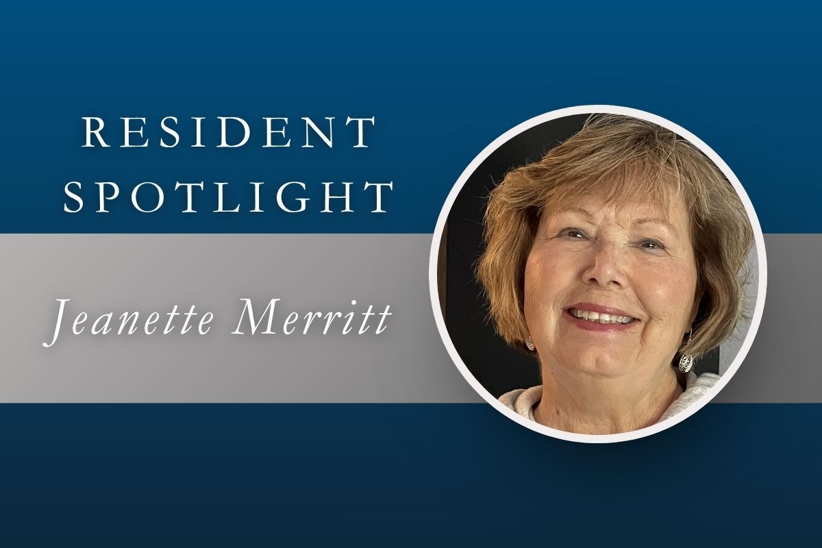 Resident Spotlight banner with a circular portrait and the name Jeanette Merritt on a blue background