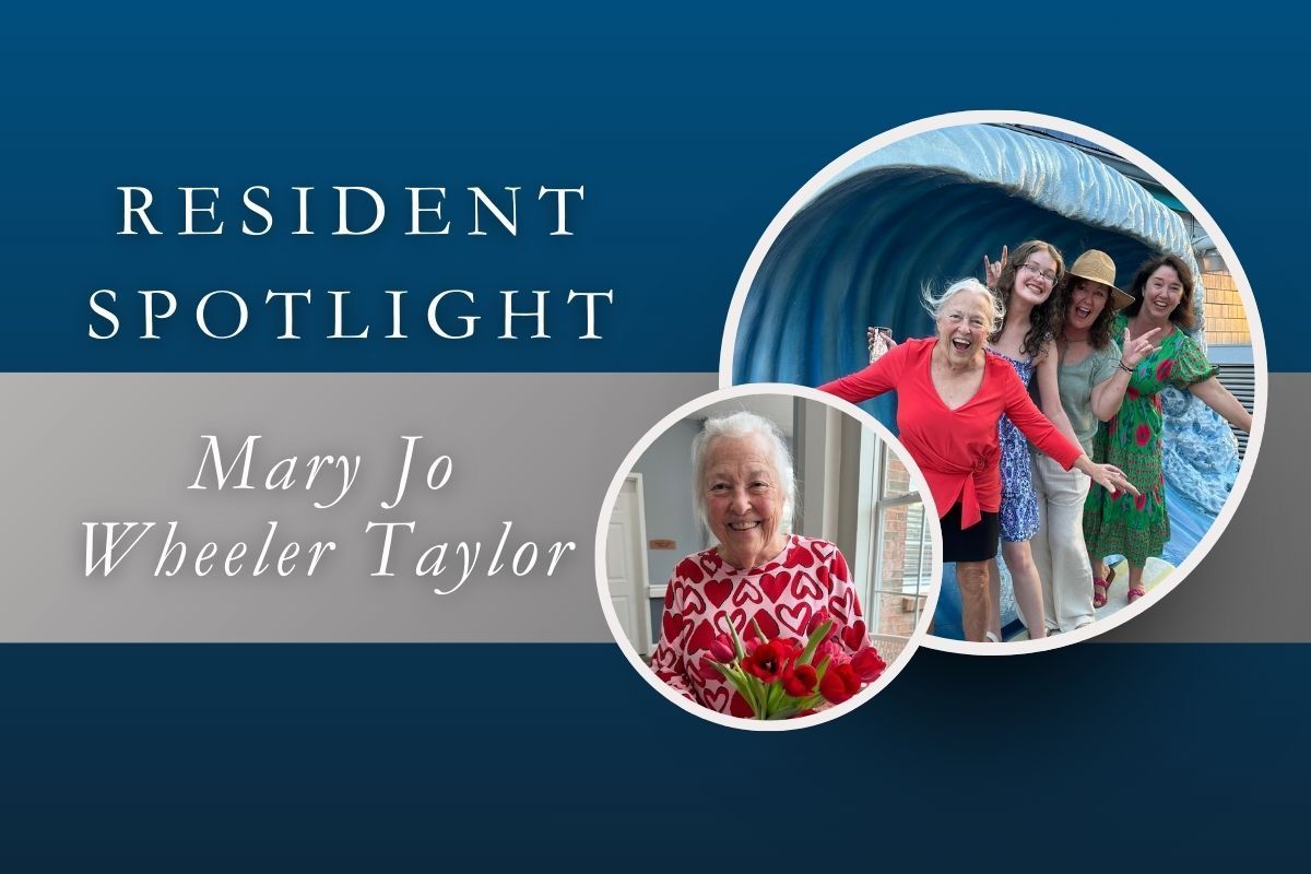 Resident Spotlight graphic for Mary Jo Wheeler Taylor featuring photos of a smiling woman with flowers and a group outing.