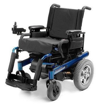 A blue and black electric wheelchair on a white background.
