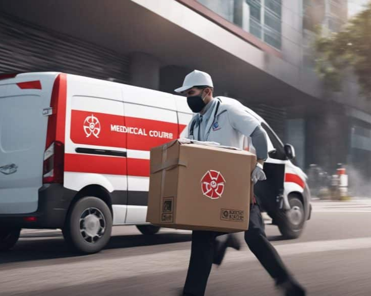 Medical worker carrying a box, running in front of a medical delivery van on a city street.