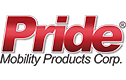The logo for pride mobility products corp. is red and white.