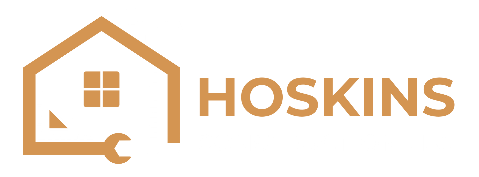 A logo for hoskins with a house and a wrench.