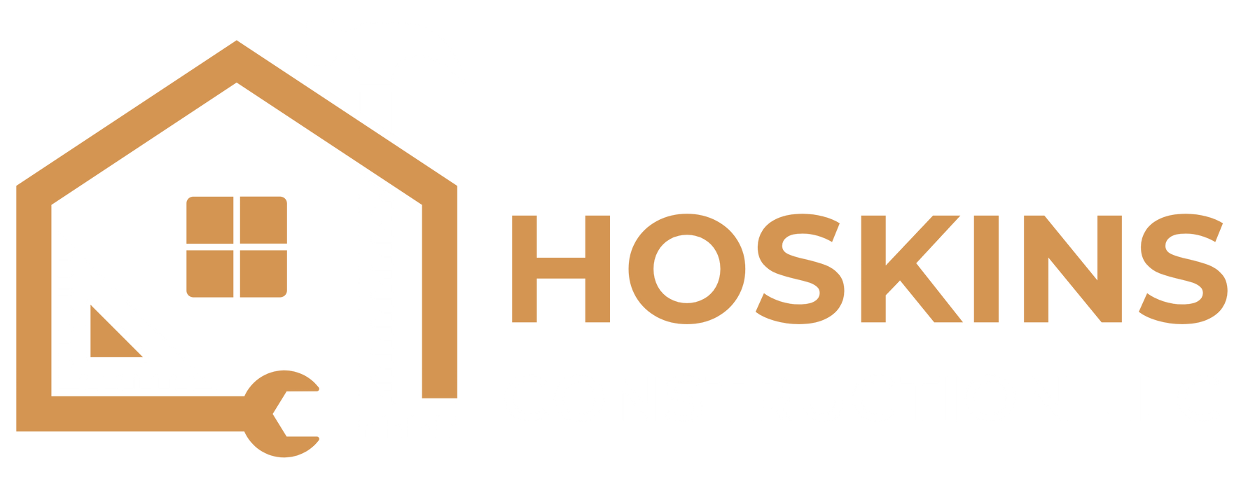 A logo for hoskins with a house and a wrench.