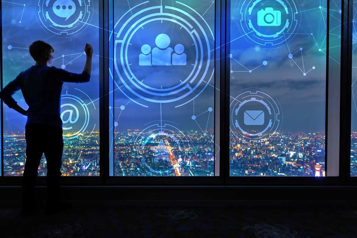 A man is standing in front of an AI-powered window displaying search results with a city in the back