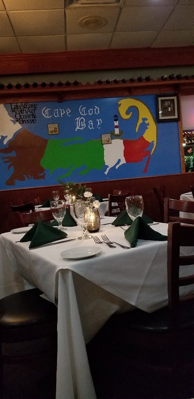 A restaurant with a mural on the wall behind the tables