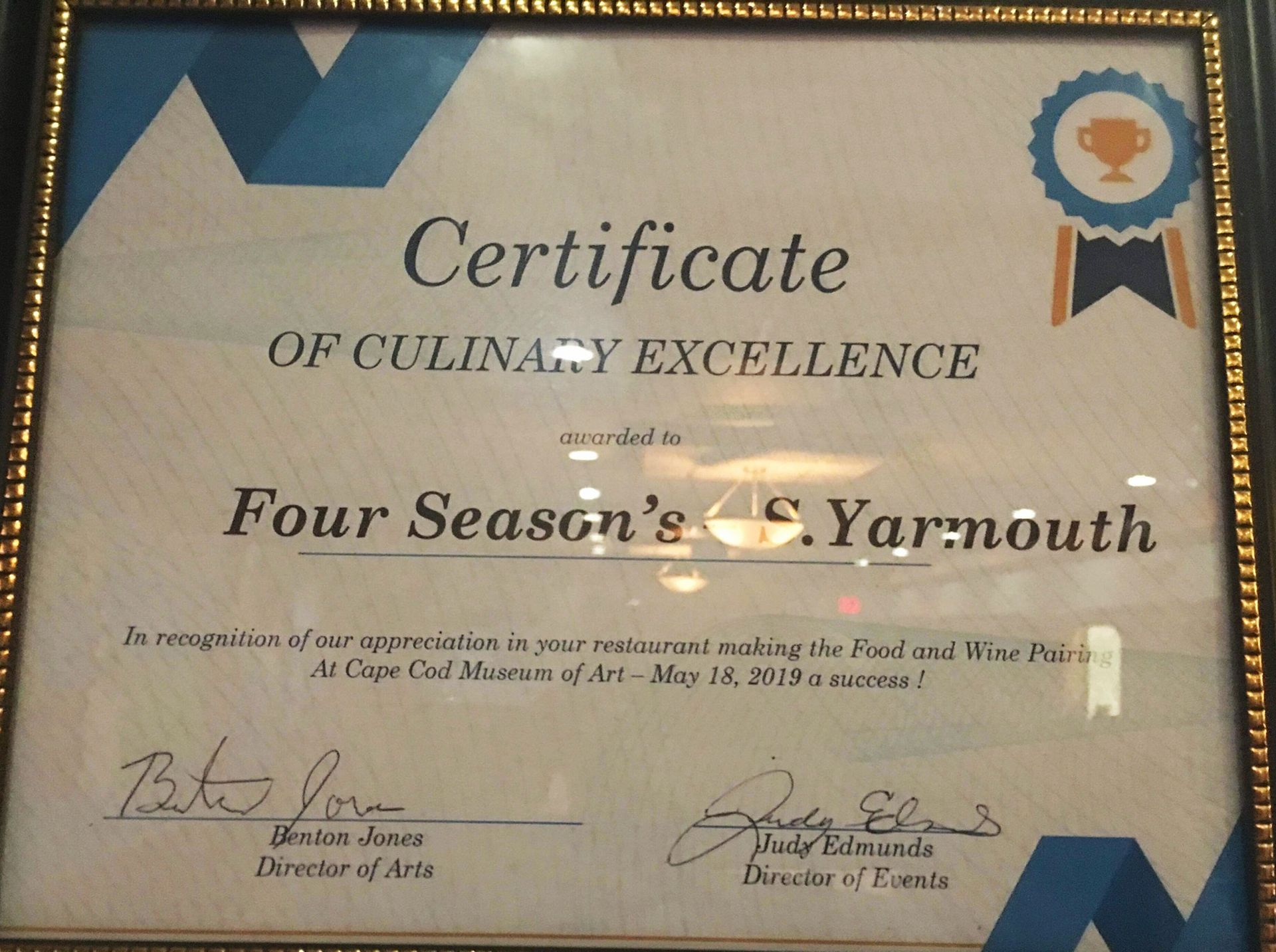 A certificate of culinary excellence for four season 's yarmouth