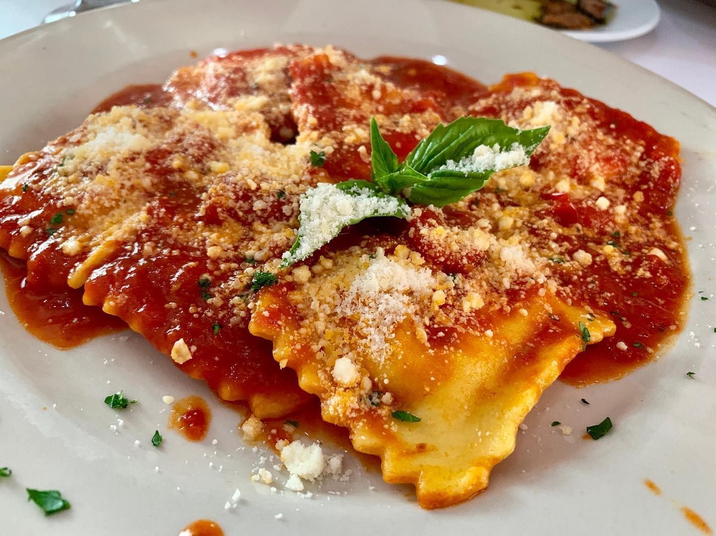 A white plate topped with ravioli and tomato sauce