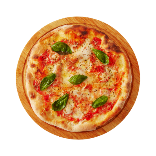 A pizza with tomatoes , cheese and basil on a wooden cutting board.