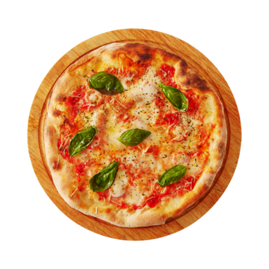 A pizza with tomatoes , cheese and basil on a wooden cutting board.