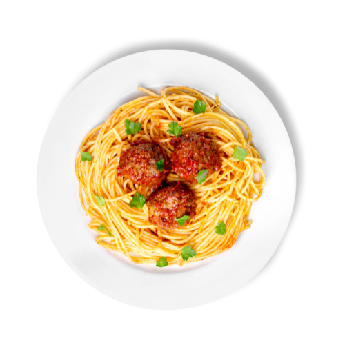 A white plate topped with spaghetti and meatballs on a white background.