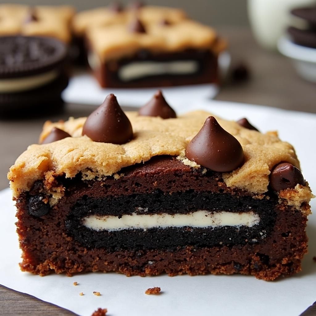 a rich, fudgy dessert that takes indulgence to the next level. This decadent treat features a dense, chewy chocolate brownie base studded with melty chocolate chips, and a surprise Oreo cookie nestled right in the center.