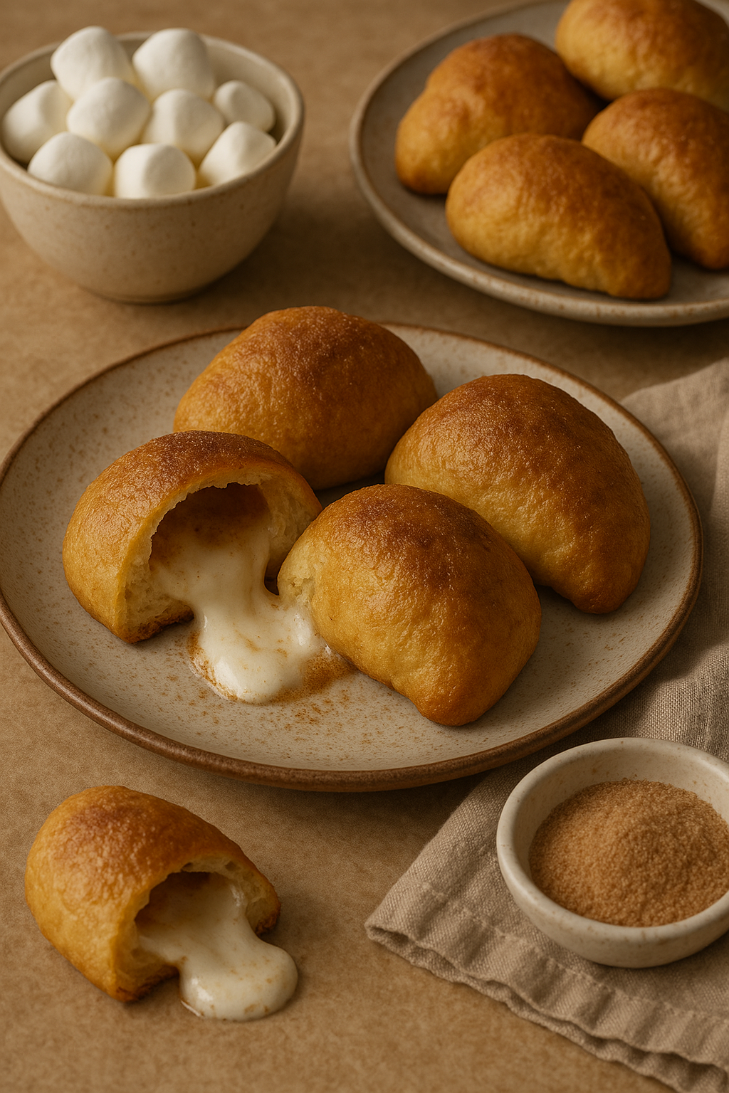 Made by wrapping a marshmallow in cinnamon-sugar coated dough and baking until golden, these soft, buttery rolls hold a surprise inside — the marshmallow