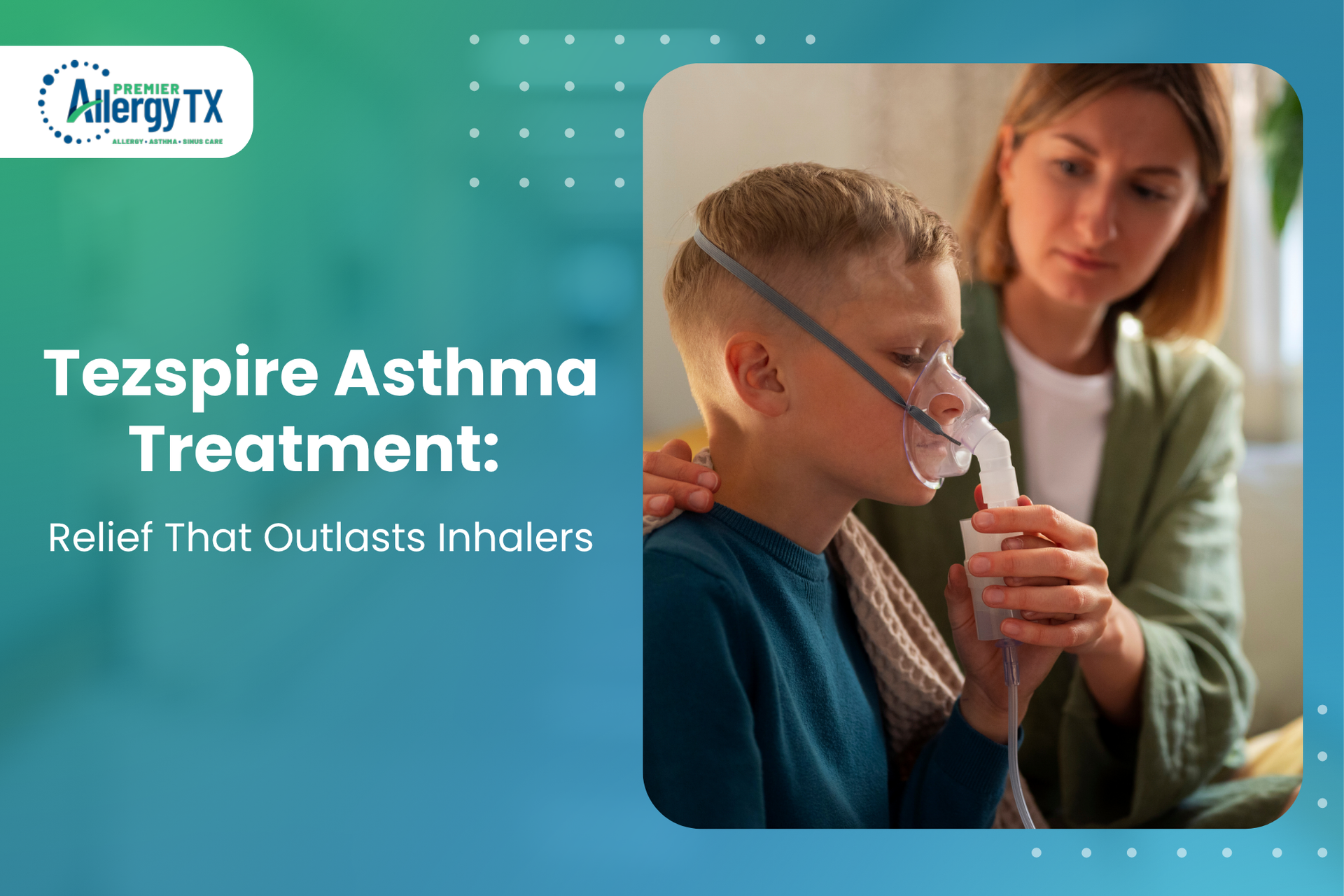 A boy with a nebulizer on his face. His mother assists him as she administers his asthma treatment.
