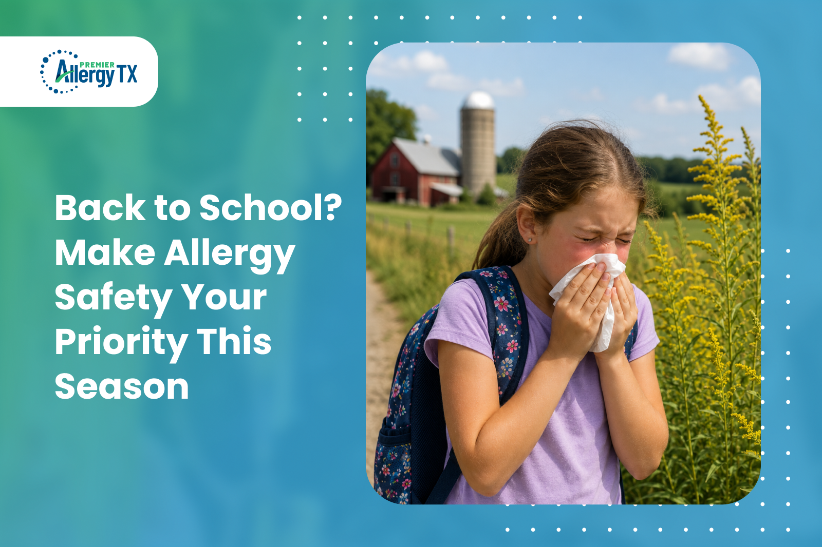 A girl wearing a school backpack, with a red nose, sneezing outdoors, with ragweed in the background