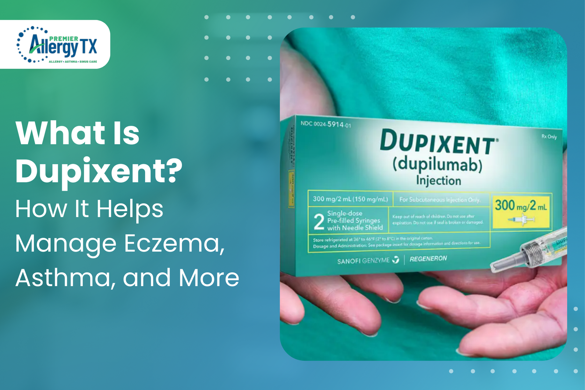 A person with eczema holding a Dupixent injection box and syringe.