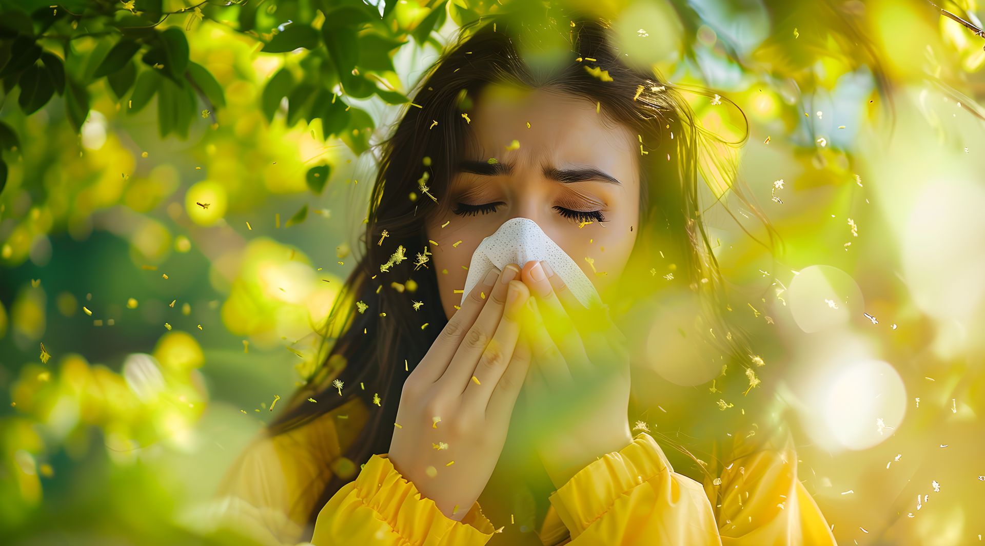 Woman reacting to pollen allergy triggers by sneezing into a tissue