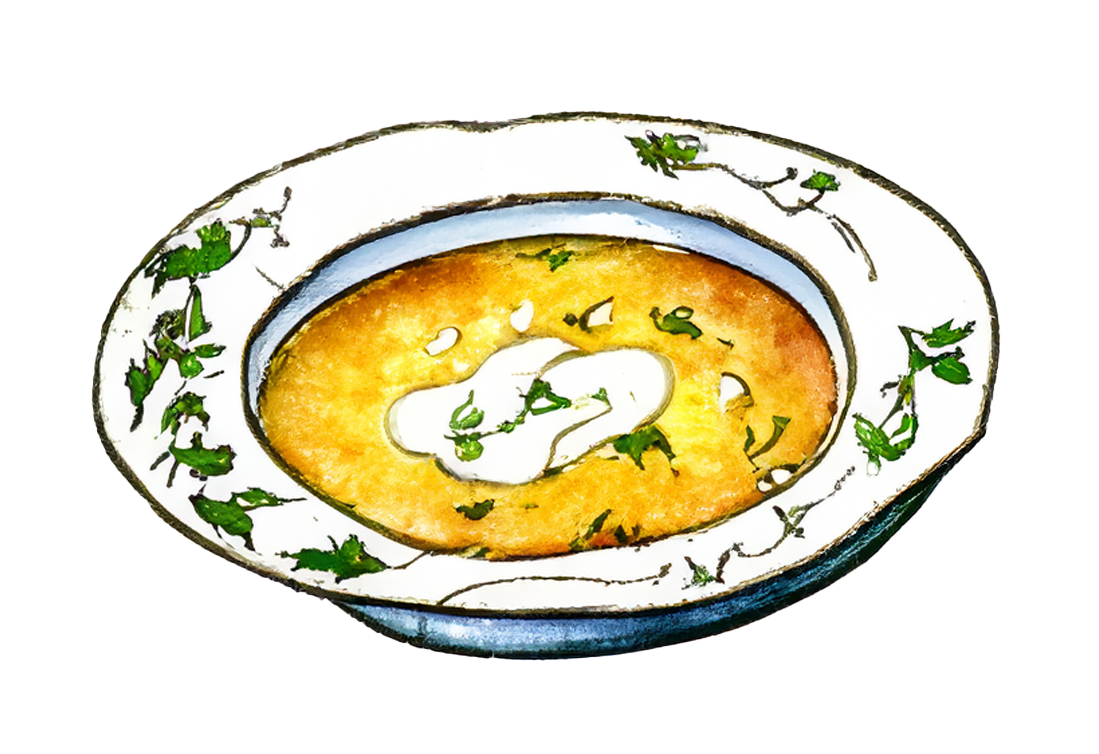 eine Schüssel Suppe mit Schlagsahne und Kräutern auf einem Teller .