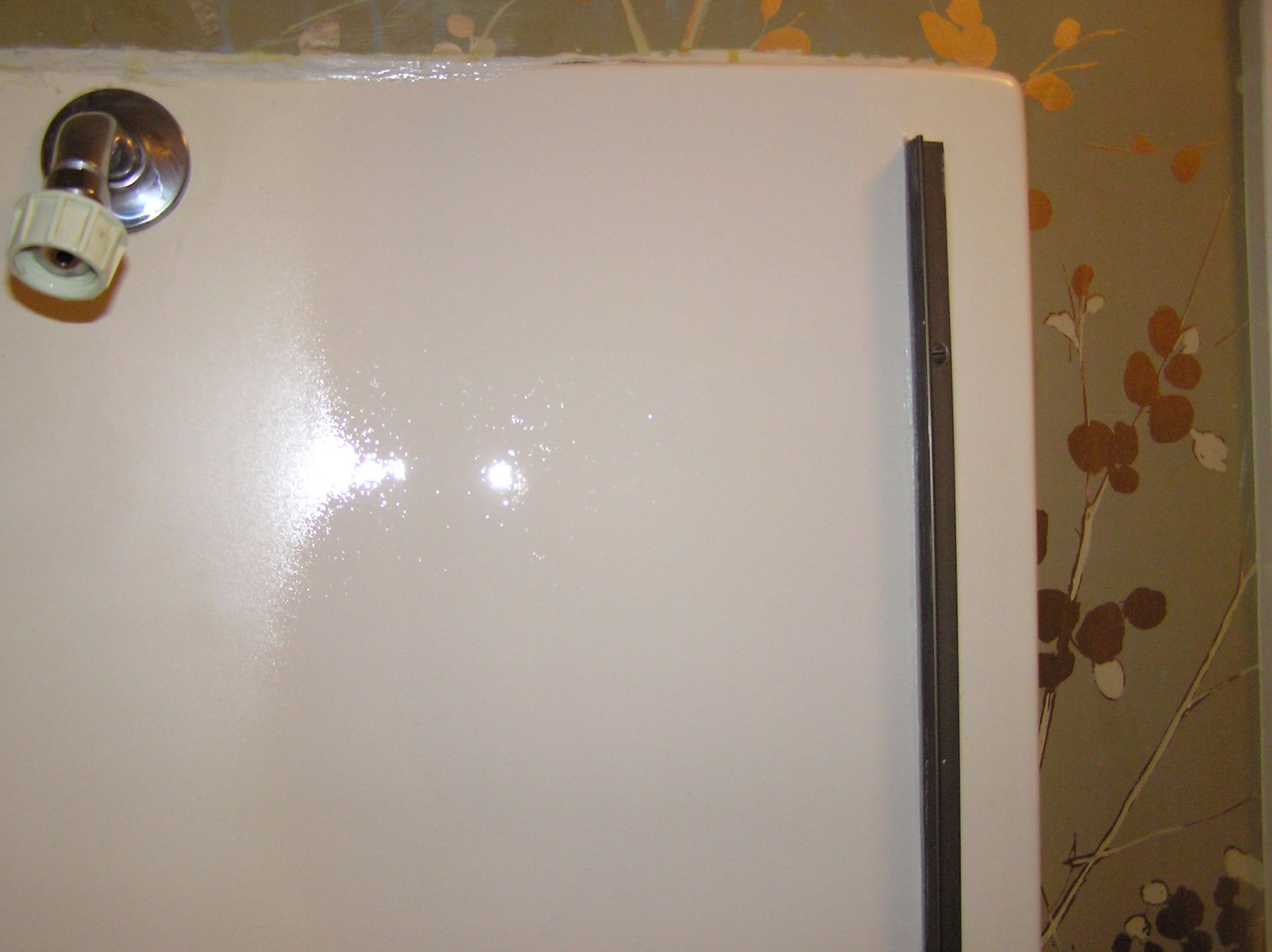 White bathtub and showerhead against floral wallpaper; a dark, vertical strip is on the tub.