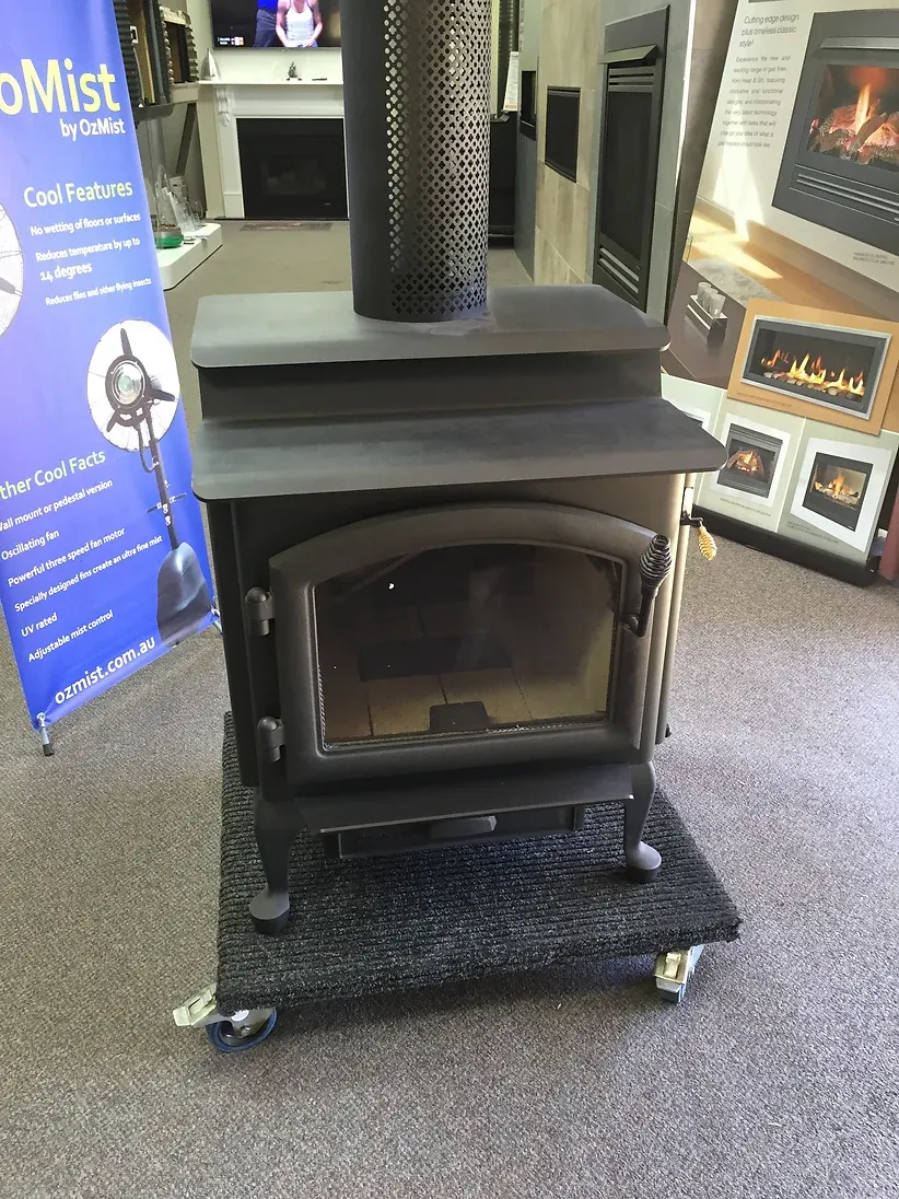 steel grey freestanding fireplace on display at dwr services in mildura