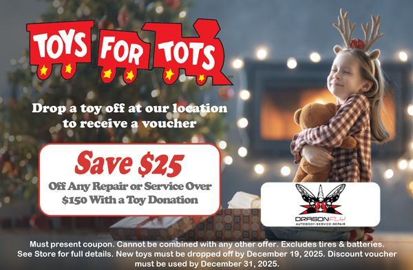 Toys for Tots promotion: Donate a toy and save $25 on repairs. Girl with reindeer antlers holds teddy bear. | Dragonfly Automotive