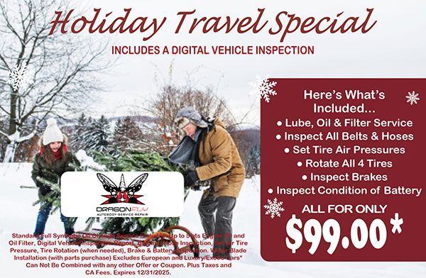 Holiday travel special ad, includes digital inspection. Offers service package for $99, shown in snow scene with people, text.