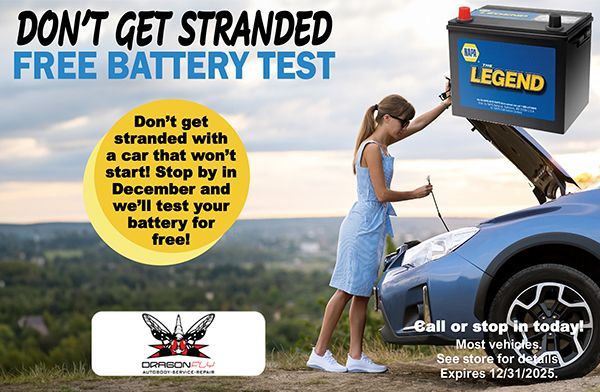 Advertisement: A woman checking a car battery. Text promotes a free battery test in December.