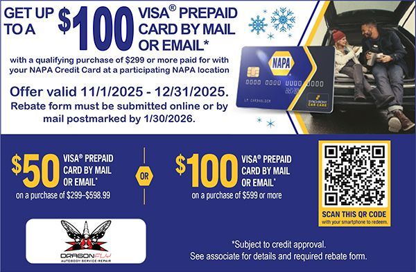 NAPA promotion: Get up to $100 Visa prepaid card by mail or email with a qualifying purchase using a NAPA credit card.