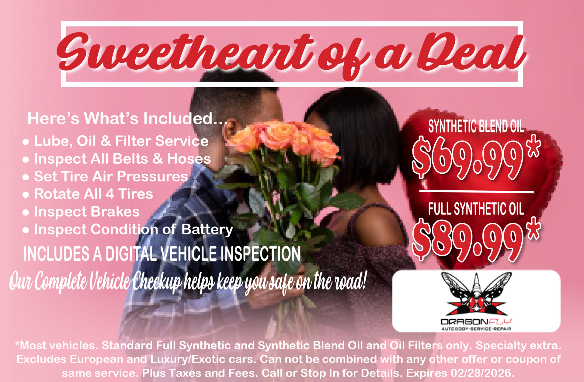 Valentine's Day car service ad featuring a couple kissing with flowers, offering oil changes, inspections, and tire services. | Dragonfly Automotive
