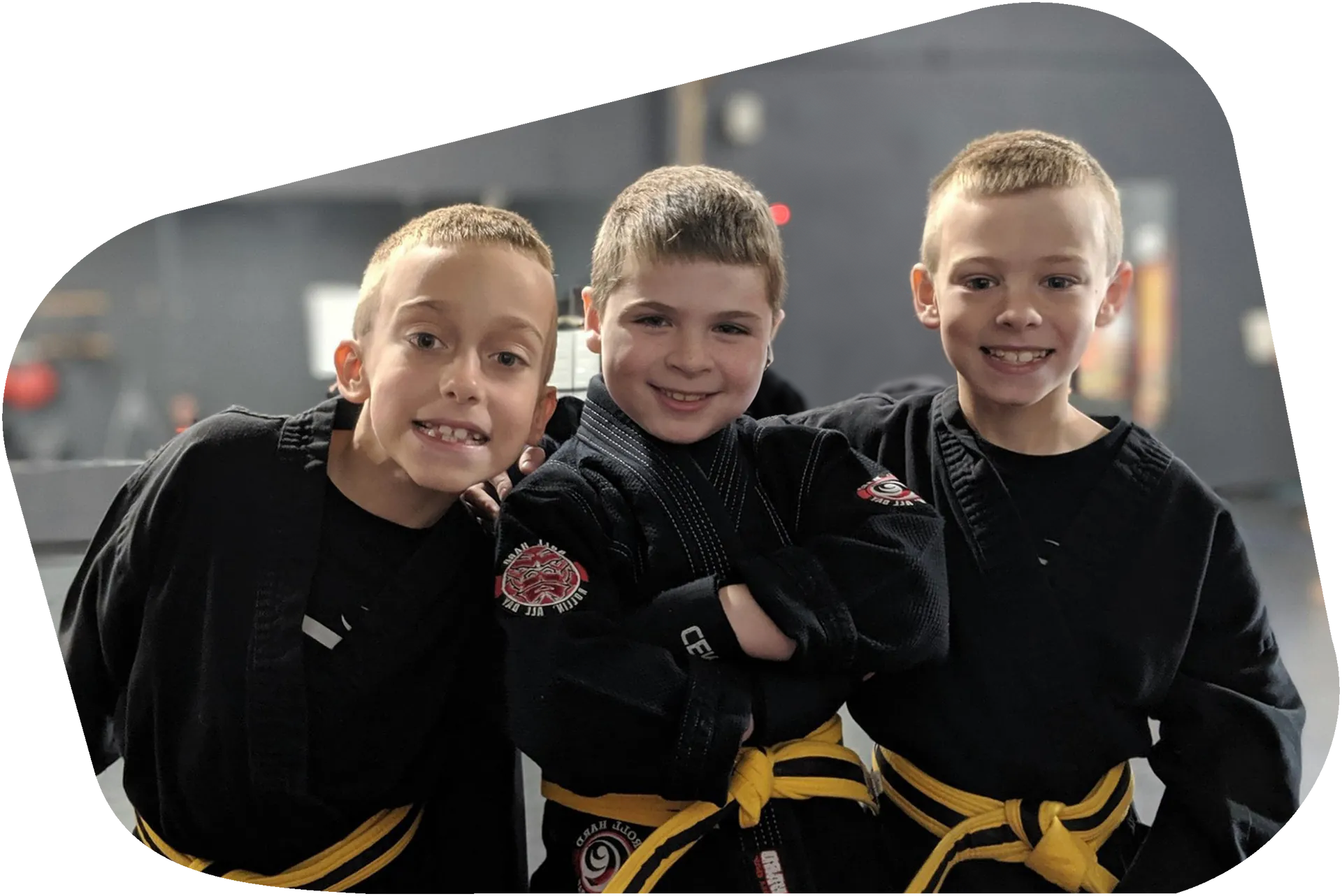 three young boys wearing black karate uniforms and yellow belts are posing for a picture .