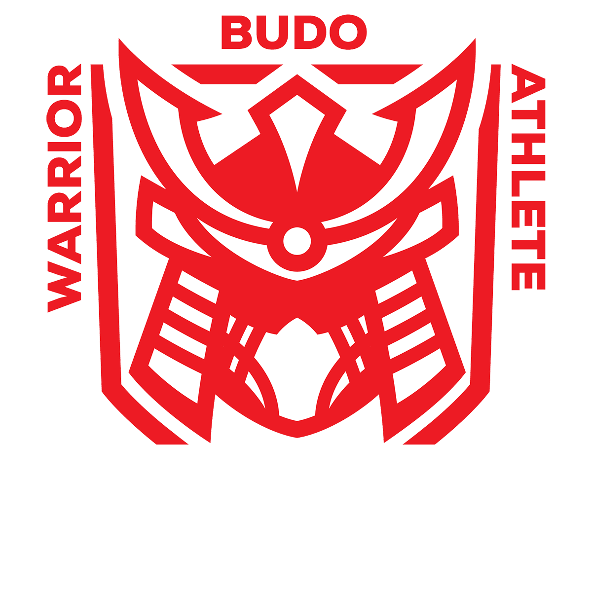 a red and white logo for budo warrior athlete