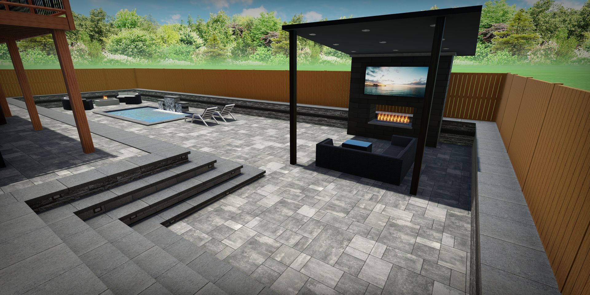 a computer generated image of a backyard with a fireplace and a pool .