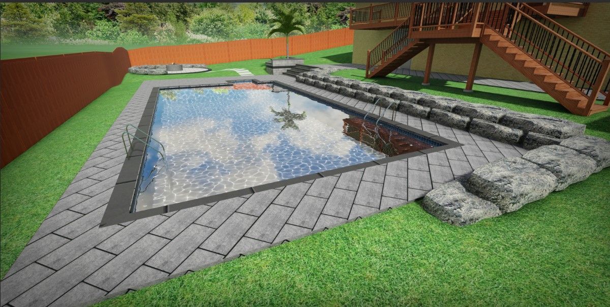 a computer generated image of a backyard with a swimming pool and stairs .
