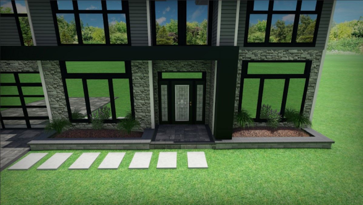 a 3d rendering of a modern house with a lush green lawn in front of it .