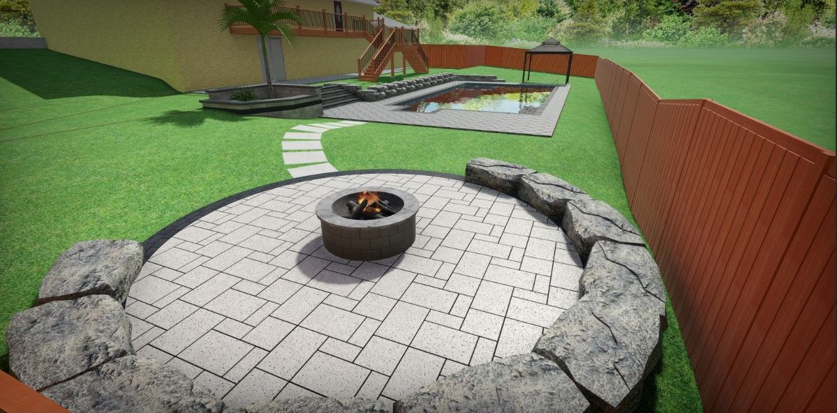 there is a fire pit in the middle of the backyard .