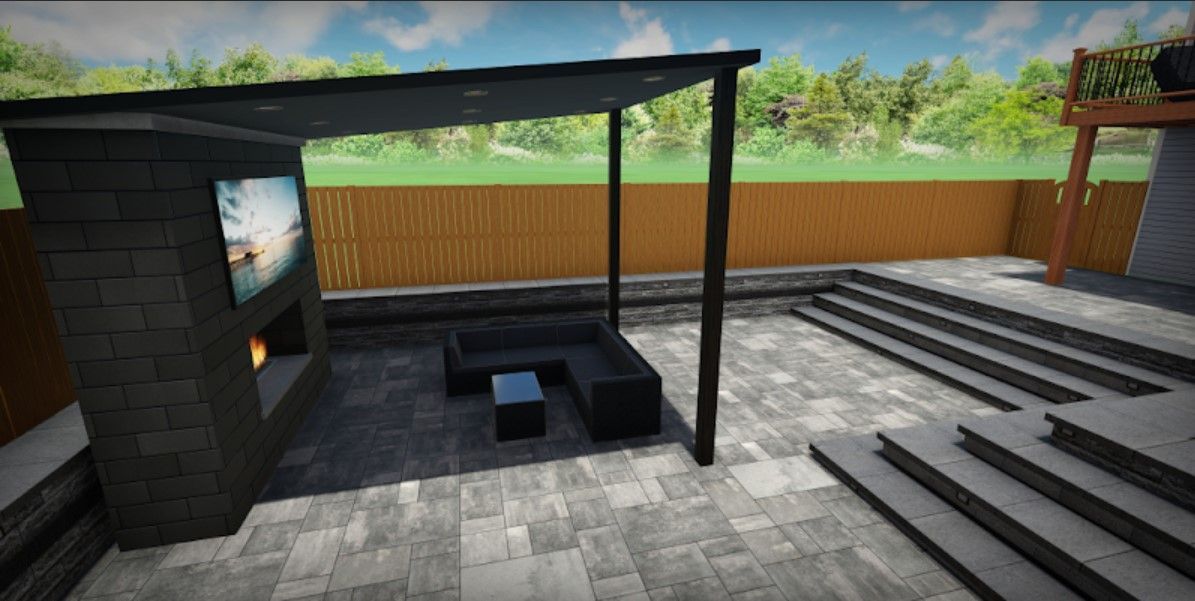 a computer generated image of a patio with a fireplace and stairs .