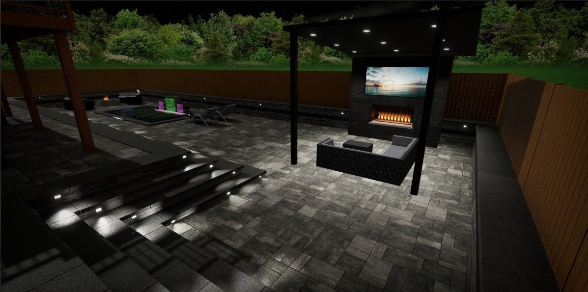 a 3d rendering of a patio with a fireplace and a television .
