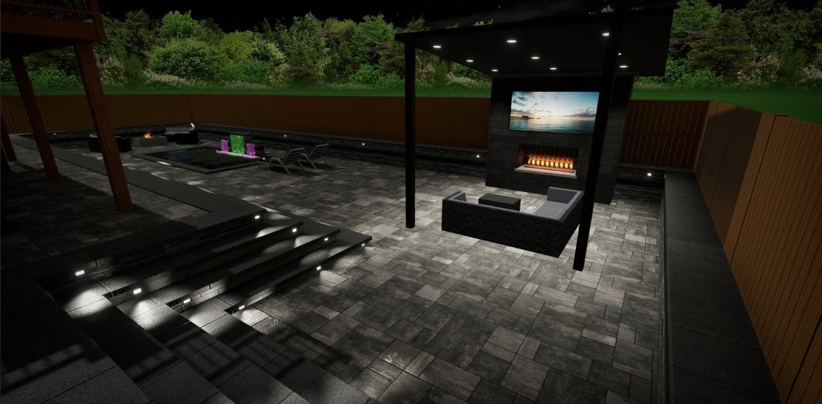 a 3d rendering of a living room with a fireplace and a television .