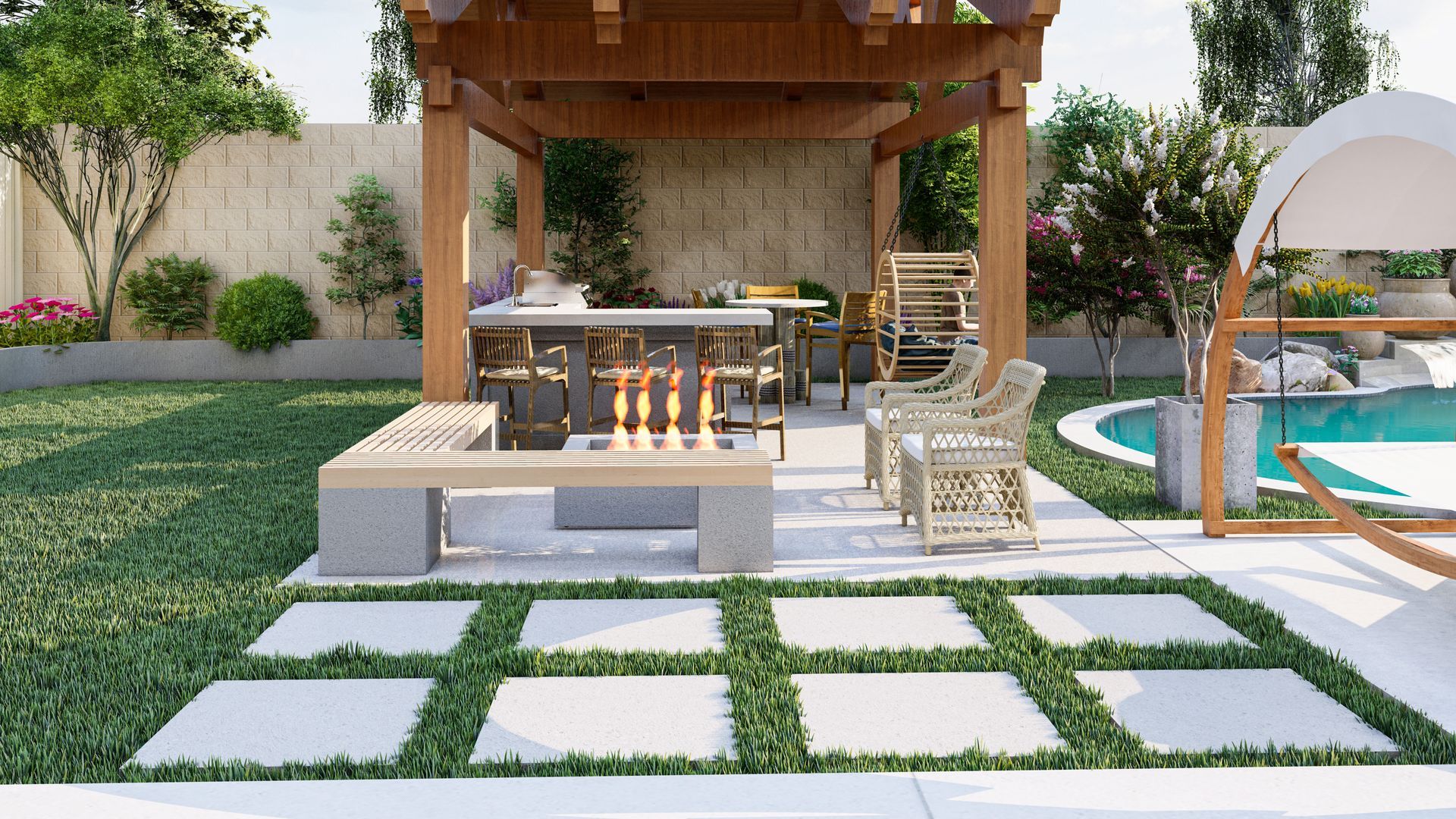 a patio with a fire pit and a pergola in the backyard .