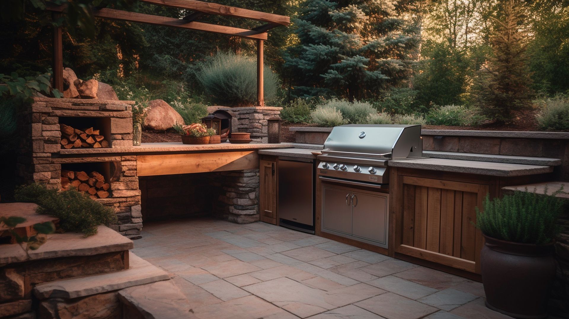 a large outdoor kitchen with a grill and a fireplace .