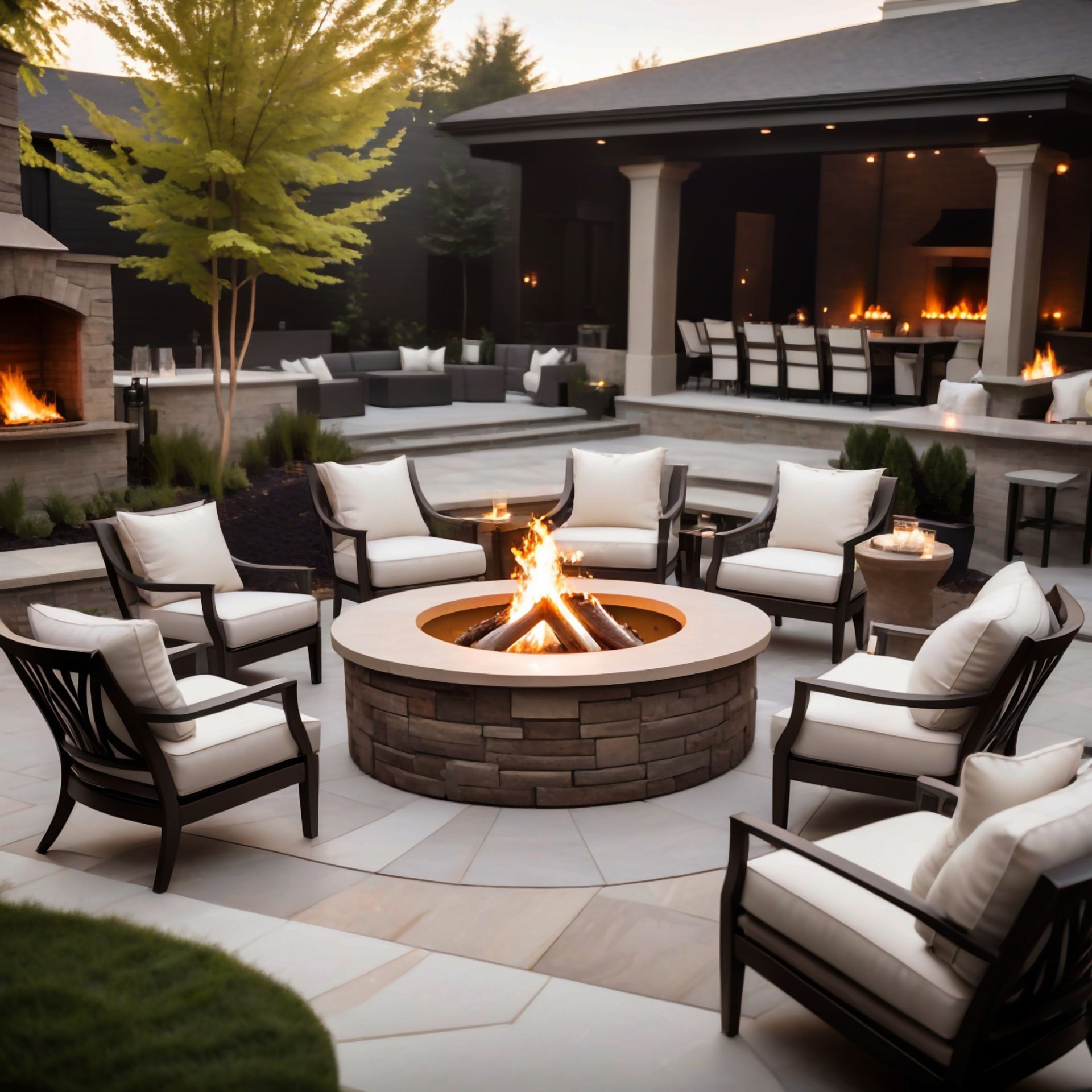 a fire pit is surrounded by chairs and a fireplace