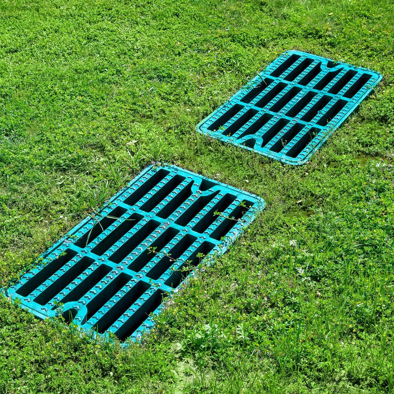 two blue manhole covers are sitting in the grass .