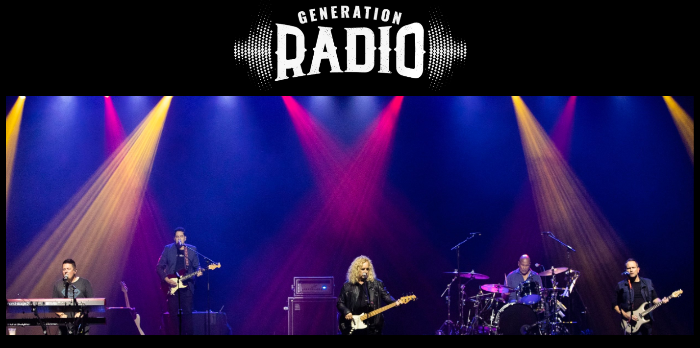 A group of people playing instruments on a stage with the word radio above them