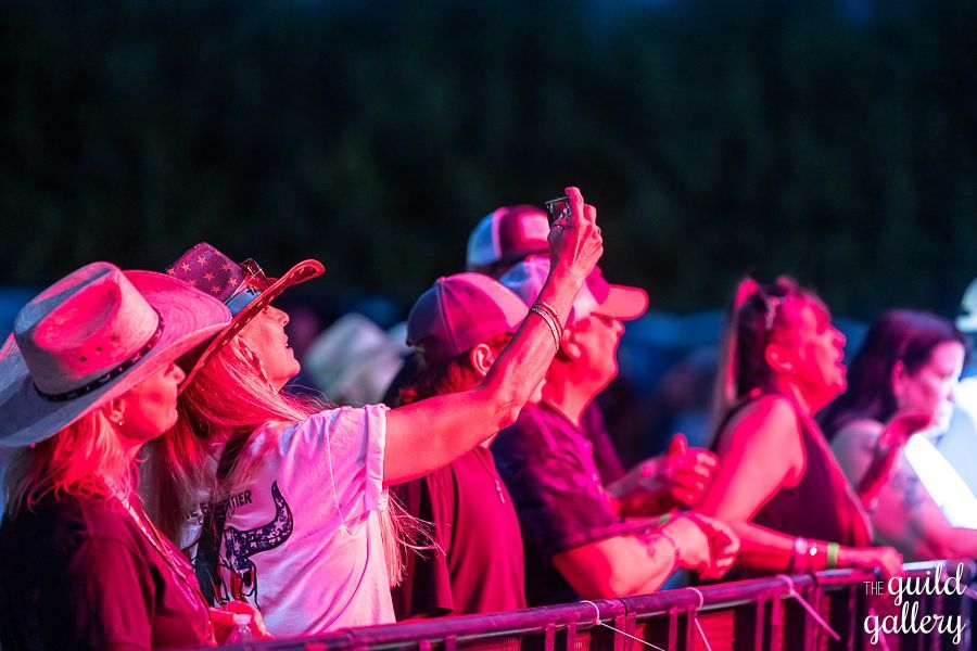 A group of people are standing in front of a fence at a concert.