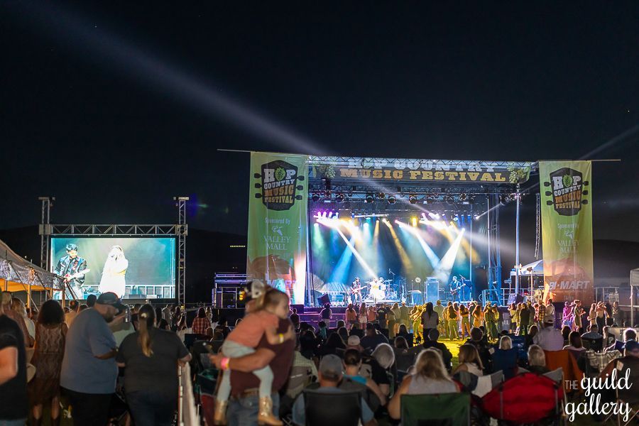 A crowd of people are sitting in front of a stage at a music festival.