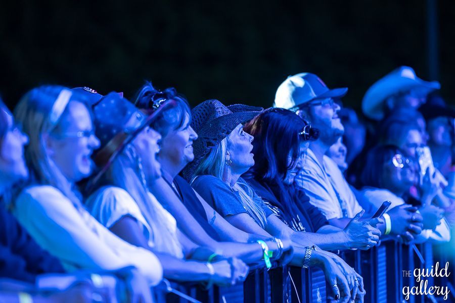 A group of people are sitting in a dark room watching a concert.