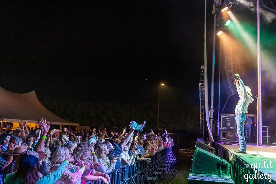 A man is standing on a stage in front of a crowd at a concert.