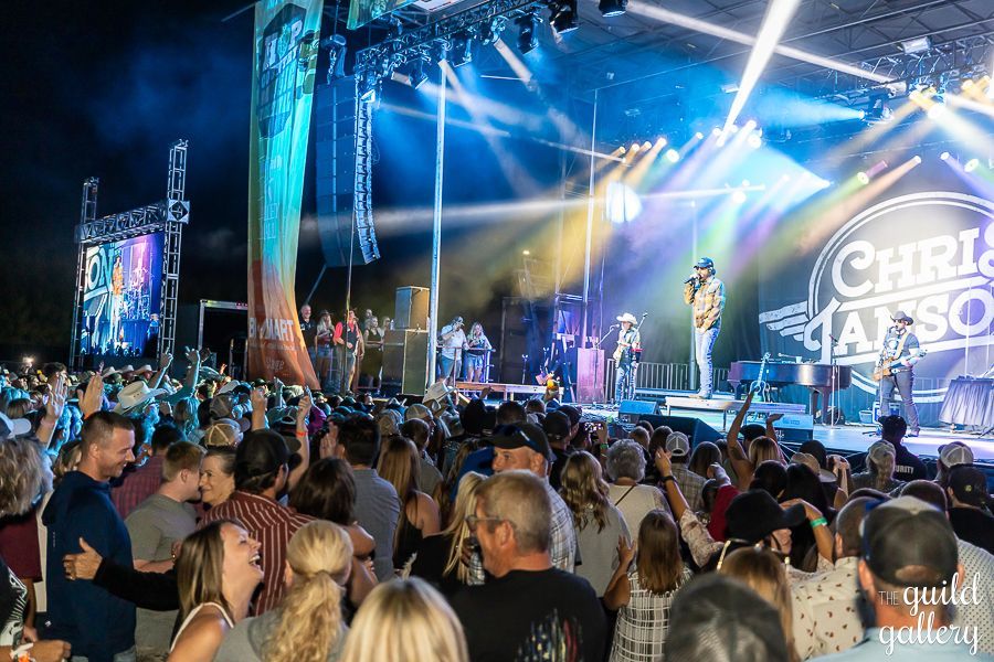 A crowd of people are standing in front of a stage at a concert.